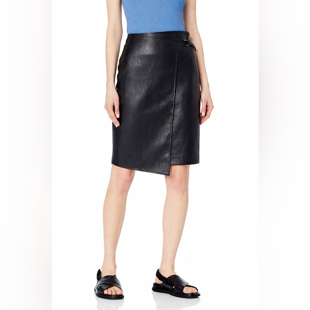 BCBGMAXAZRIA Black Faux Leather Wrap Midi Skirt Belted Size M